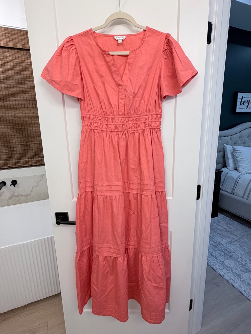crown & ivy Coral Tiered Maxi Dress with Smocked Waist
